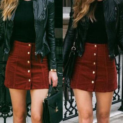 

Womens High Waist Lace Up Suede Leather Preppy Botton Short Mini Skirt S-XXL