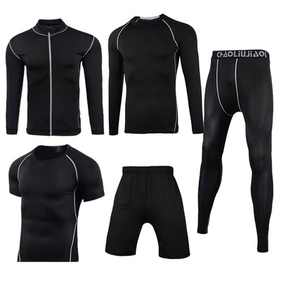 

Trend holiday sports suit mens fitness clothing mens autumn&winter gym running sports quick-drying breathable jacket five-piece NZ9001-black line-coat five-piece