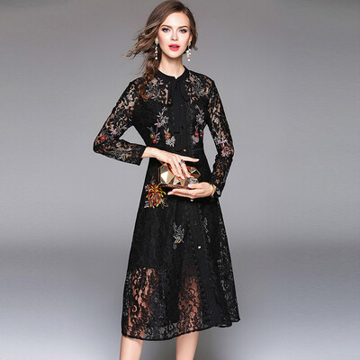 

Lace Embroidery Waist Long Sleeves Dress