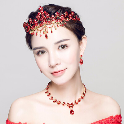 

Baroque Gold Metal Queen Pageant Crown Mermaid Bride Princess Red Rhinestone Tiara Headband