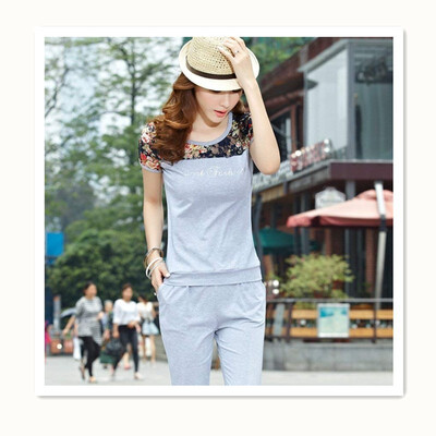 

Womens Sportswear Summer Cotton Short Sleeve T-Shirt Cropped Pants Two