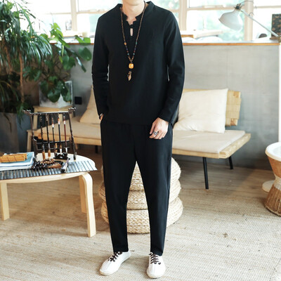 

T-shirt suit male Chinese style large size plate buckle casual pants loose