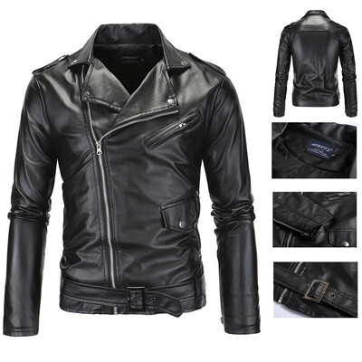

AOWOFS mens locomotive slim casual PU Leather zipper jacket JJ P09