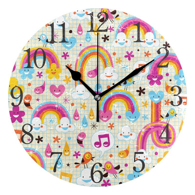 

Wall Clock Arabic Numerals Design Rainbow And Music Birds Round