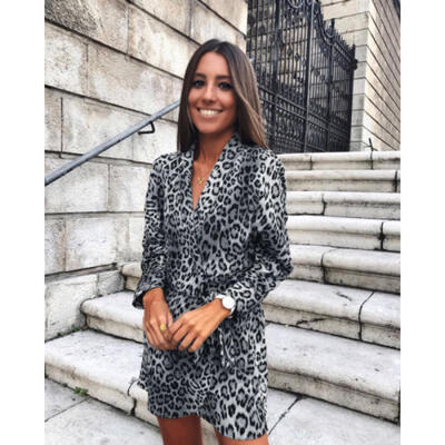 

Women Long Sleeve V Neck Leopard Print Casual Clubwear Party Cocktail Mini Dress