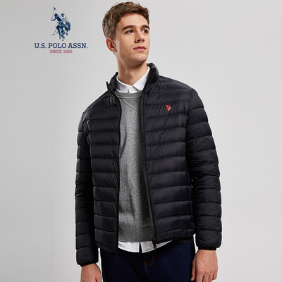 

US POLO ASSN Mens Down Jacket Short Stand Collar Slim Warm Solid Color Thin Jacket American Casual Light Down Jacket AYRMD-58515 Tibetan Blue L175