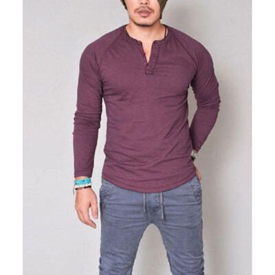 

UK Stock Mens Slim Fit Long Sleeve Cotton T Shirt Casual V Neck Tops Muscle Tee
