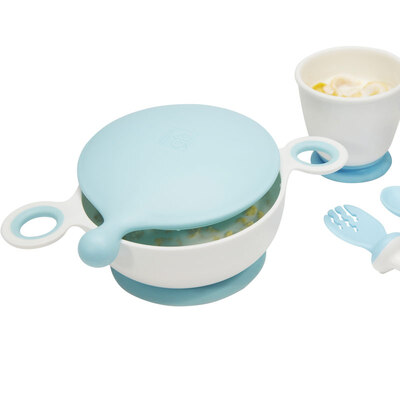 

Gb good childrens tableware complementary food bowl baby non-slip tableware dustproof suction cup bowl cup spoon fork 4 piece set blue
