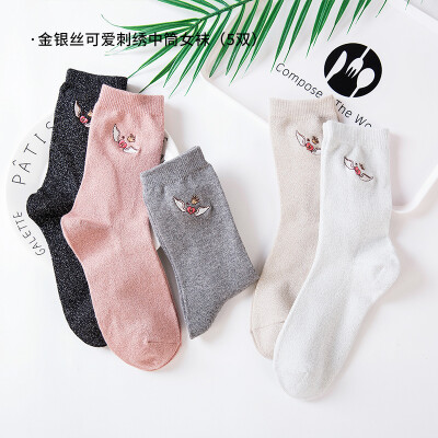 

Nair five pairs of socks womens autumn&winter warm wild gold&silver silk thickening bear embroidery tube female socks 22-24