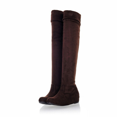 

IDIFU Womens Comfy Elastic Faux Suede Plain Round Toe Heighten Inside Slip on Over the Knee Boots Long