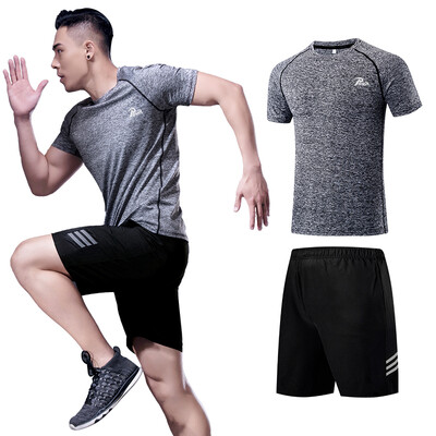 

Puwei special POVIT sports suit mens fitness clothing tight breathable moisture wicking running training gym quick-drying clothes short-sleeved shorts gray black two-piece  code P-824