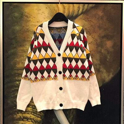 

new 2018 European station sweater long geometric design womens college diamond color knitted sweater cardigan