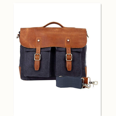 

Retro Crazy Horse Leather Canvas Mens Leather Crossbody Messenger Bag Blue