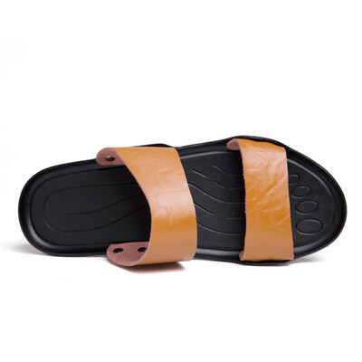

2018 mens sandals mens summer leather beach shoes casual shoes thick bottom slip large size word slippers mens shoes