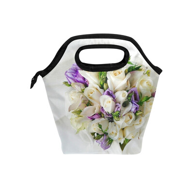

Insulated Lunch Tote Bag White Rose Travel Picnic Lunch Handbags Portable Zipper Lunch Bag Box
