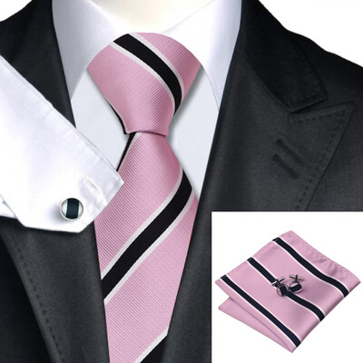 

N-0530 Vogue Men Silk Tie Set Pink Stripe Necktie Handkerchief Cufflinks Set Ties For Men Formal Wedding Business wholesale
