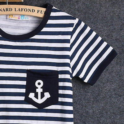 

2015 Kids Boys Short Sleeve Navy Striped Tops Marine Half Pant 2Pcs Set Clothes