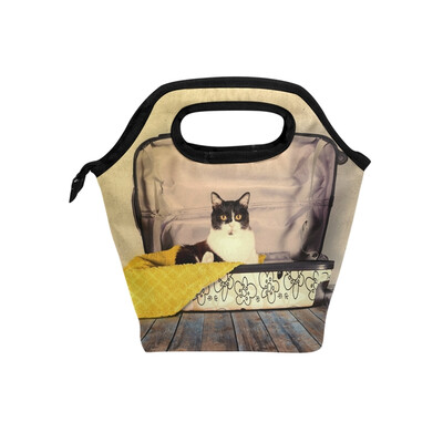 

Insulated Lunch Tote Bag Luggage Cat Travel Picnic Lunch Handbags Portable Zipper Lunch Bag Box