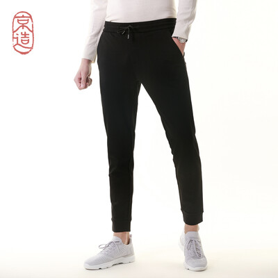 

JZAO Mens knit beam foot sanded casual pants drawstring solid color autumn&winter thick section black 36 18092A