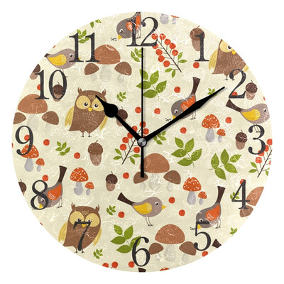

Wall Clock Arabic Numerals Design Cute Owl And Bird Round