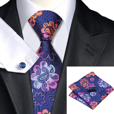 

N-0544 Vogue Men Silk Tie Set Blue Floral Prints Necktie Handkerchief Cufflinks Set Ties For Men Formal Wedding Business wholesale