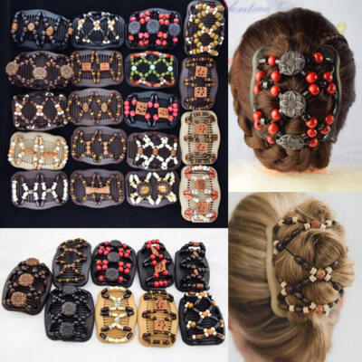 

Women Girls Accessories Stretchy Wooden Hair Comb Butterfly Bead Double Clips