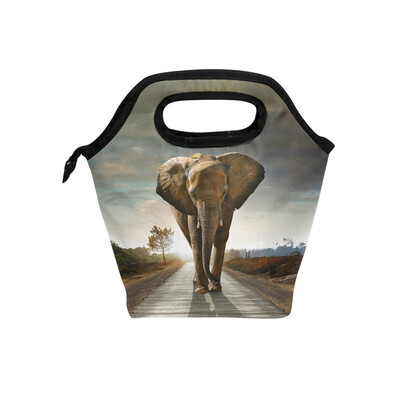 

Insulated Lunch Tote Bag Road Elephant Travel Picnic Lunch Handbags Portable Zipper Lunch Bag Box