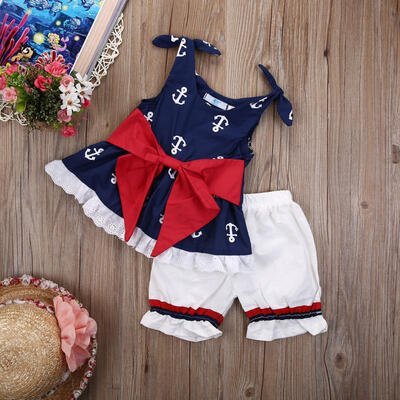 

Infant Baby Girl Anchor Bow Tops T-shirtShorts pants 2pcs Outfits Set