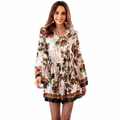 

New Womens Printed Long-sleeved V-neck Elastic Waist Holiday Dresses