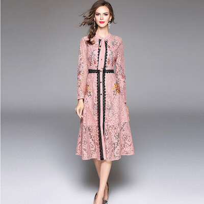 

Lace Embroidery Waist Long Sleeves Dress