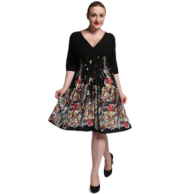 

Plus Size Plunging Half Sleeve Floral Low Cut Skater Dress