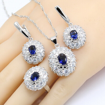 

5 Colors 925 Silver Jewelry Sets For Women Earrings Semi-precious Necklace Pendant Ring Christmas Gift