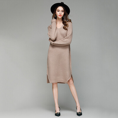 

PREISEI Spring Autumn Women Casual Loose Warm Solid V-Neck Long Sleeve Straight Knee-Length Sweater Dress Vestido