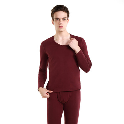 

JZAO mens thermal underwear cotton autumn clothes long pants warm suit wine red V-neck L code