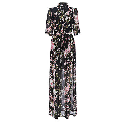 

Trendy Shirt Collar Short Sleeve Floral Print Button Tie Chiffon Maxi Dress for Women