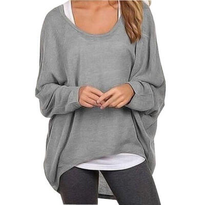 

UK Women Tops Dress Plus Size Plain Long Sleeve Round Neck Baggy Casual Shirts