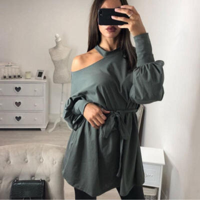 

Womens Long Sleeve Off Shoulder Mini Batwing Top Ladies Baggy Tunic Dress Shirt