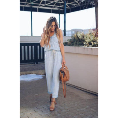 

Women V Neck Loose Playsuit Party Ladies Romper Short Sleeve Long Denim Jumpsuit