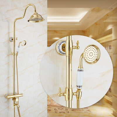 

Polished Gold Bathroom Thermostatic Shower Faucet Set In Wall Bath Shower Mixers with Hand Shower bathtub Spout 8" Rainfall Head