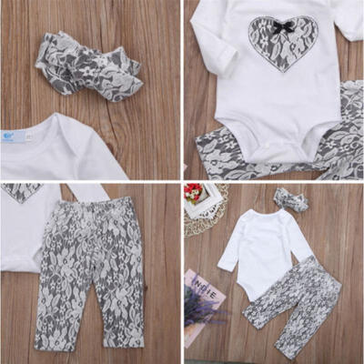 

Cute Infant Baby Girl Heart Romper Lace Pant Headband Outfit Set Clothes 0-18M