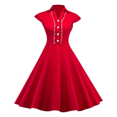 

Trendy Turn-down Collar V Neck Cap Sleeve Ruffle Button A-line Women Dress