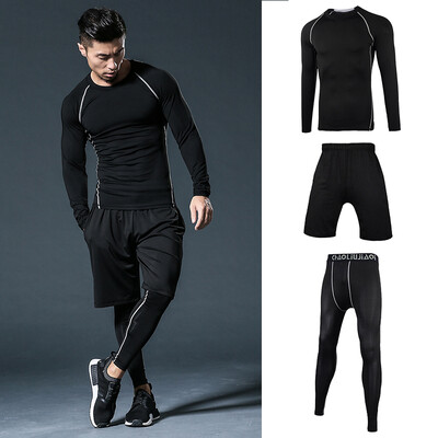 

Fan Dimu sports suit mens fitness wear quick-drying tights breathable gym running autumn&winter long-sleeved sports mens suit FNZ9001-black stitching - long sleeve three-piece -L