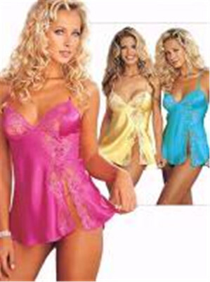 

Women Sexy Lingerie Dress Set Front Slit Satin Strap Lace Babydoll Top G-String Set Underwear Sleepwear Rose