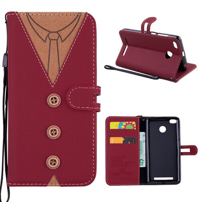 

MOONCASE Millet red rice 3S stitching embossed mens leather case - red