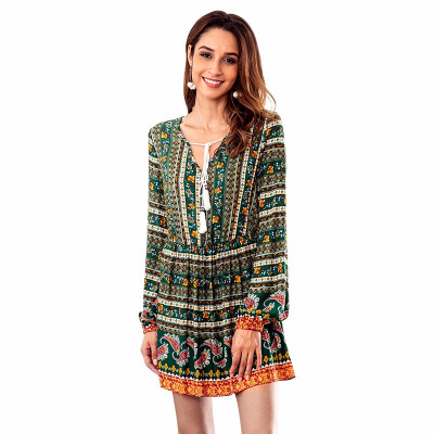 

Printed Dress V-neck Drawstring Long Sleeve Corset Floral Dress
