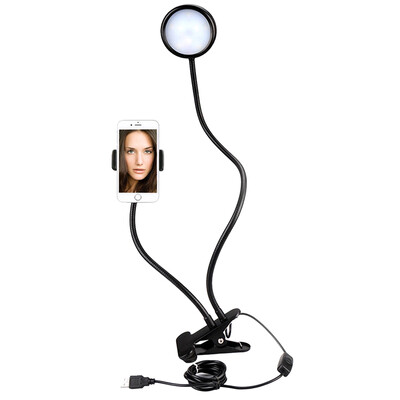 

3-Level Brightness Selfie Ring Light Clip with Clamp Mounting Adapter Cell Phone Holder On 360 Rotating For Live Stream Video Chat