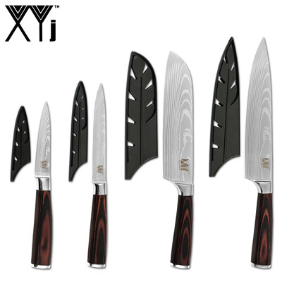 

XYj Stainless Steel Knives 4PCS Set Knife Covers Damascus Veins 7cr17 Sharp Blade Kitchen Knives Tools