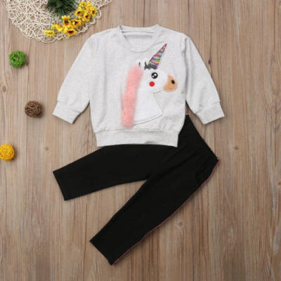 

US Stock Princess Kids Baby Girls Unicorn Sweatshirt TopsPants 2pcs Outfits Set