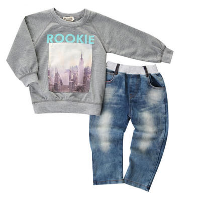 

USA Stock Toddler Boys Kids Long Sleeve Shirt Sweater Jeans Denim Pants Outfit