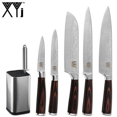 

XYj 7pcs Stainless Steel Knives Holder Set Damascus Pattern Blade Sharpener Bar Kitchen Tools